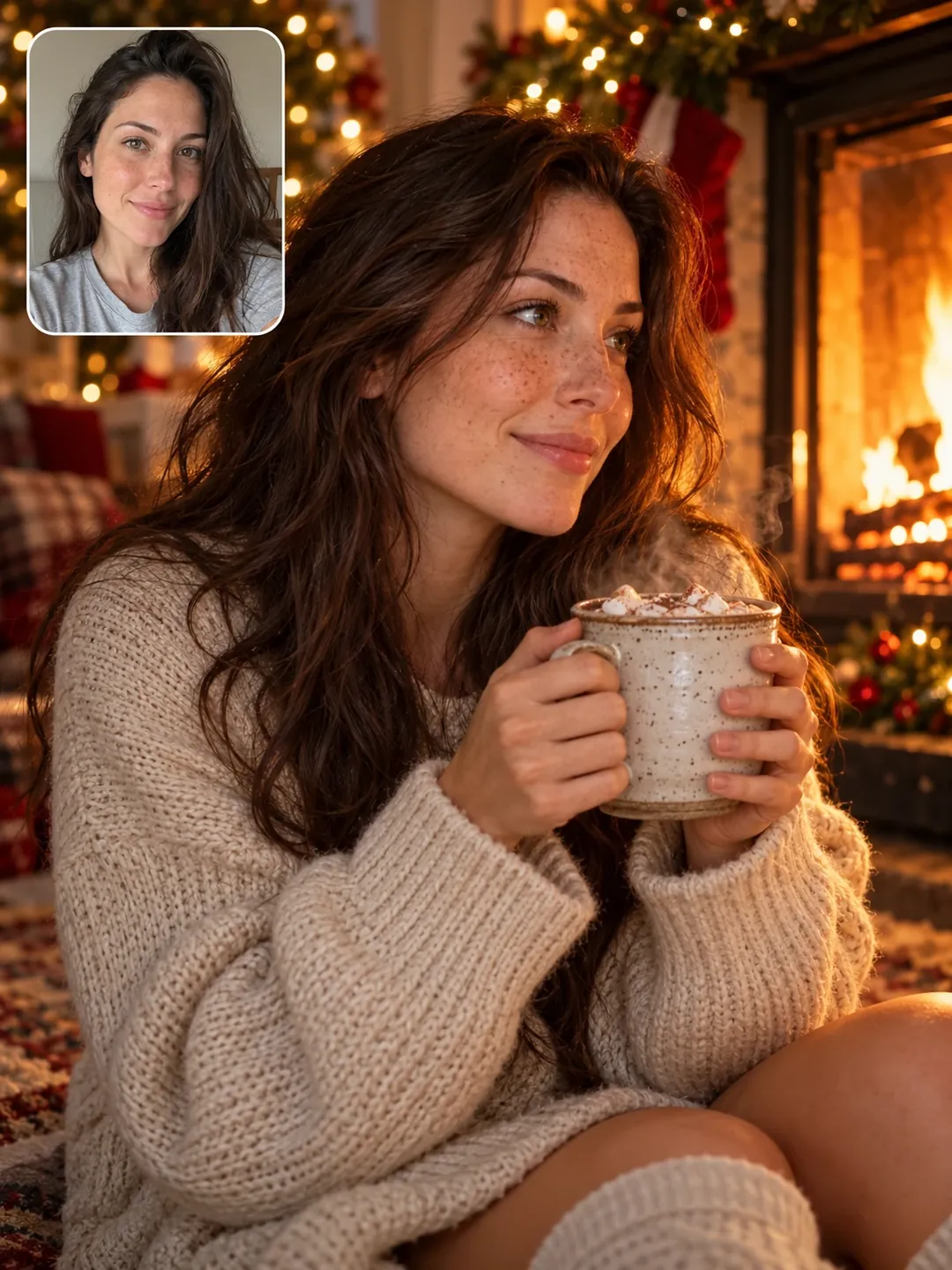 Christmas photo prompt result: Hold a Mug by the Fireplace