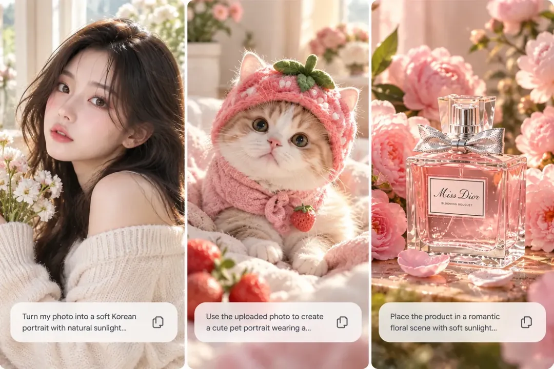 Copy-ready AI image prompts for a soft portrait, a cute pet portrait and a floral product photo